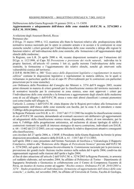 Deliberazione Della Giunta Regionale 19 Gennaio 2010, N. 11-13058 Aggiornamento E Adeguamento Dell'elenco Delle Zone Sismiche (O.P.C.M