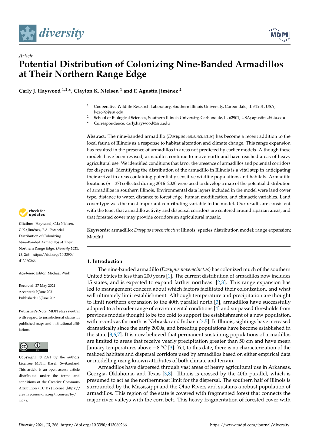 Potential Distribution of Colonizing Nine-Banded Armadillos at Their Northern Range Edge