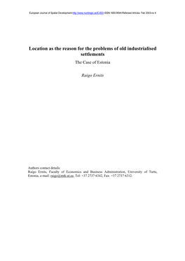 Location As the Reason for the Problems of Old Industrialised Settlements the Case of Estonia