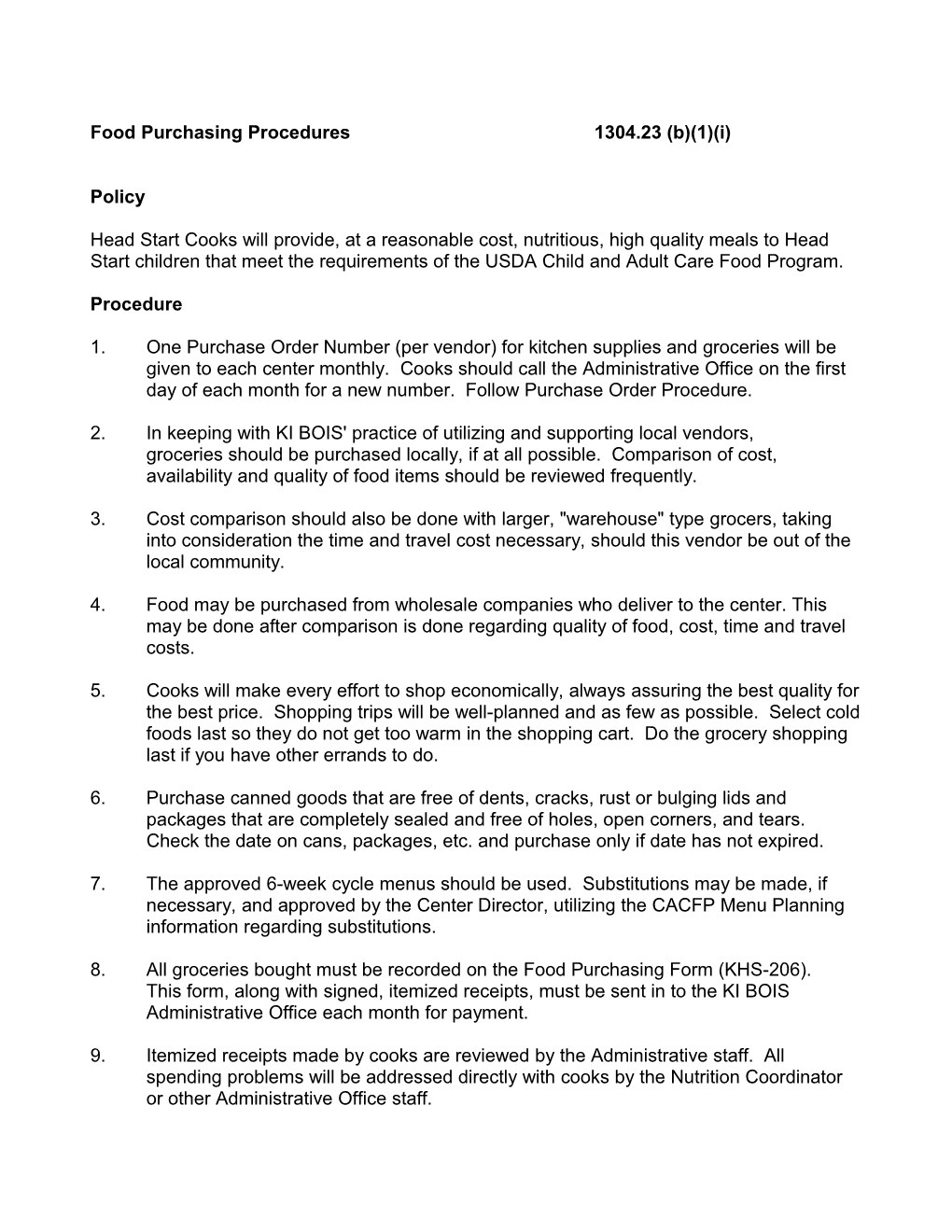 Food Purchasing Procedures