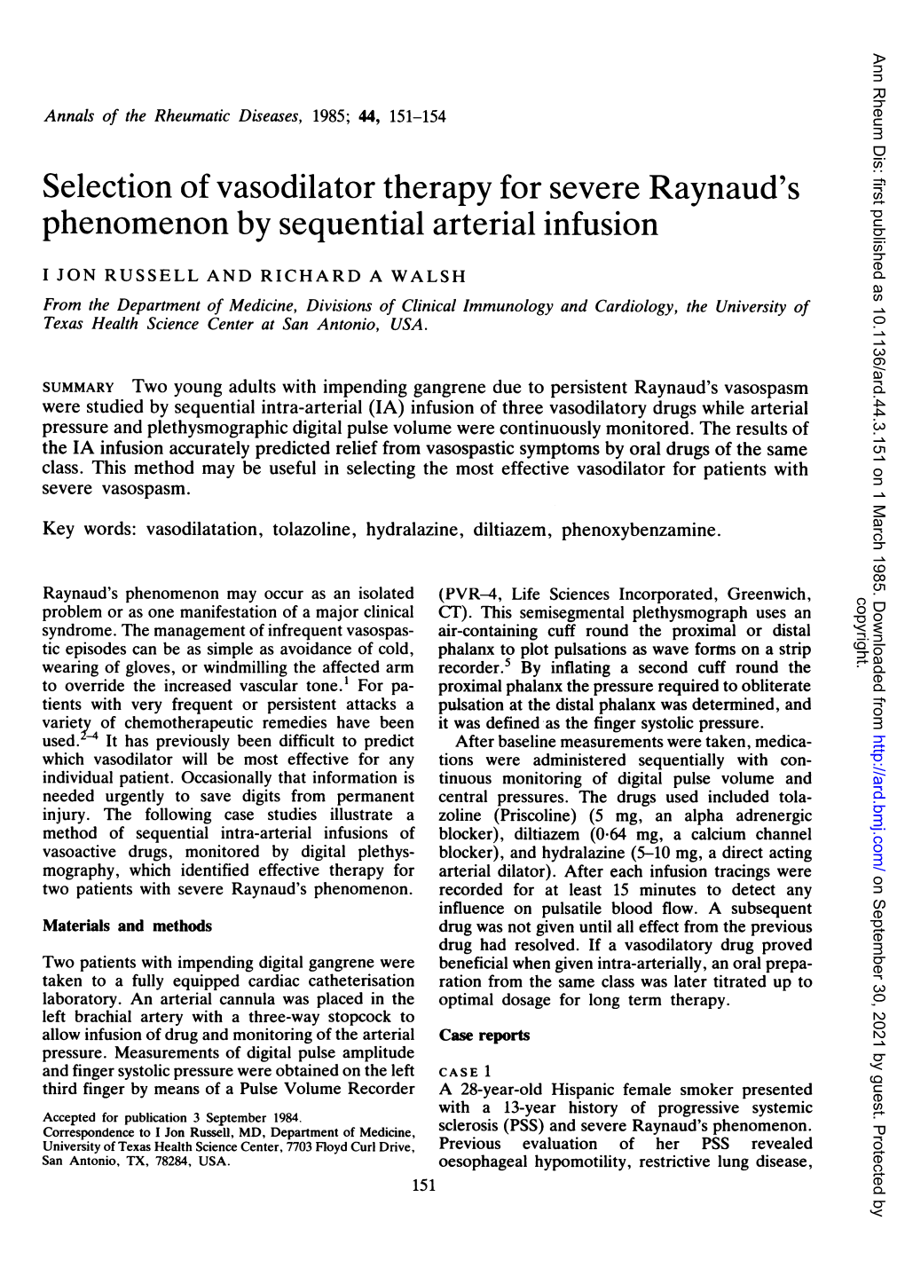 Selection of Vasodilator Therapy for Severe Raynaud's Phenomenon by Sequential Arterial Infusion