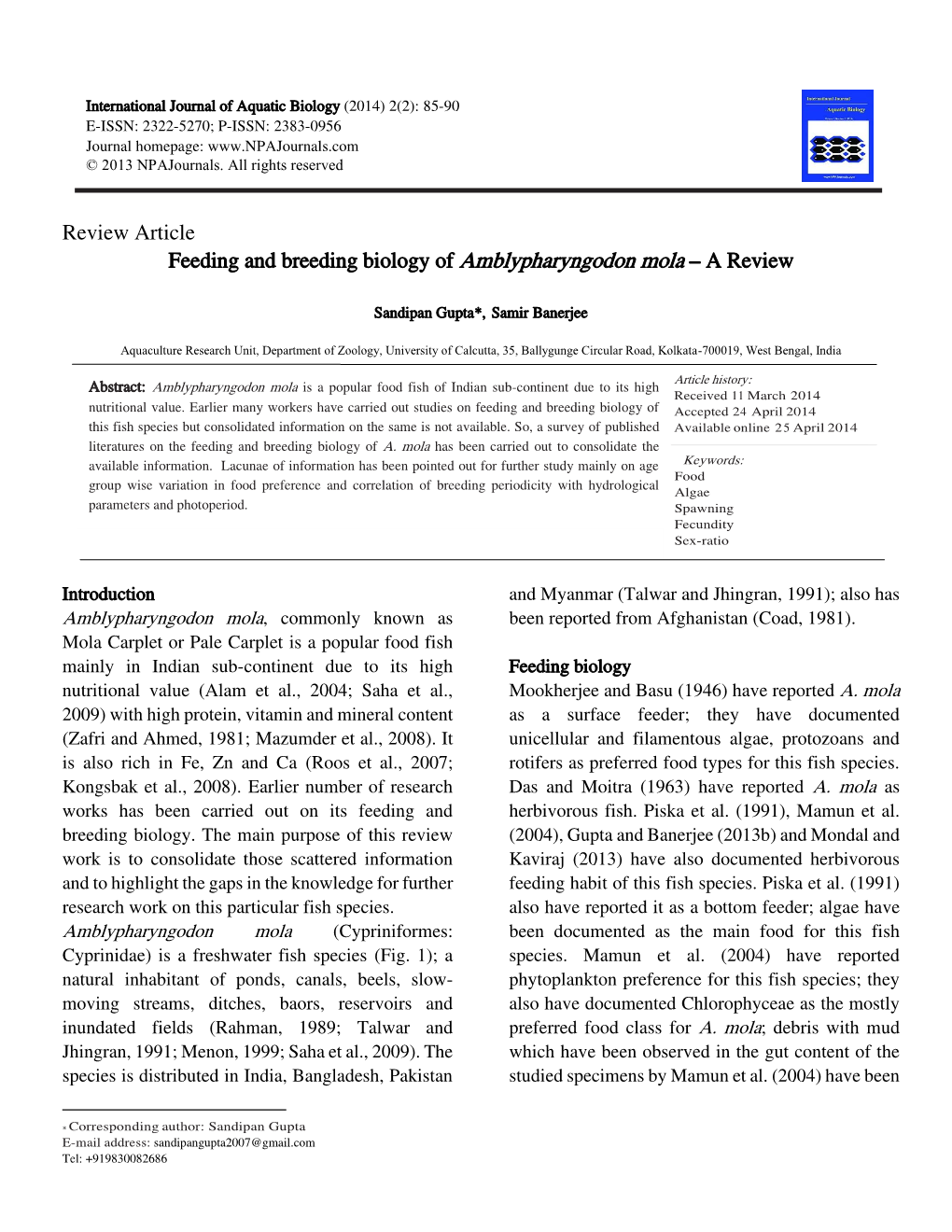 Review Article Feeding and Breeding Biology of Amblypharyngodon Mola – a Review