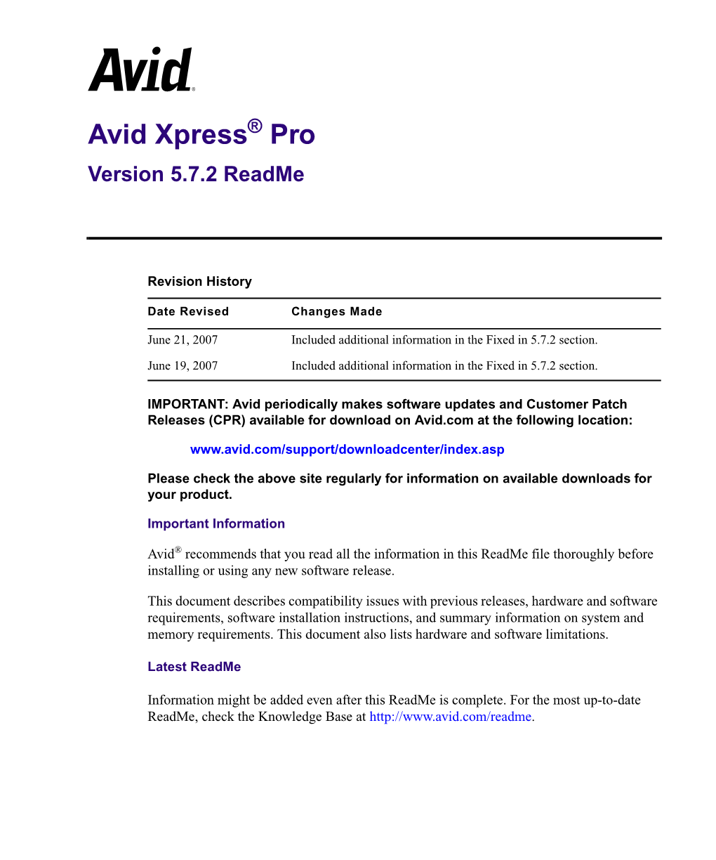 Avid Xpress® Pro Version 5.7.2 Readme