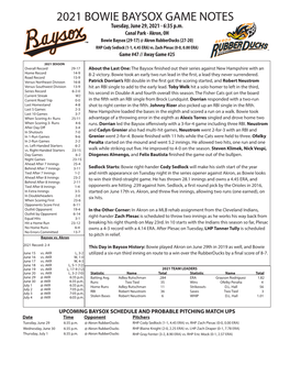 2021 BOWIE BAYSOX GAME NOTES Tuesday, June 29, 2021 - 6:35 P.M