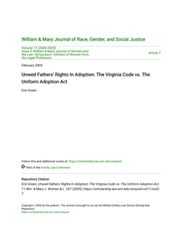 Unwed Fathers' Rights in Adoption: the Virginia Code Vs. the Uniform Adoption Act