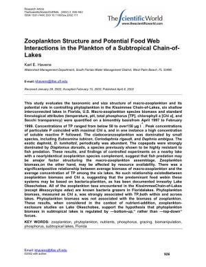 Zooplankton Structure and Potential Food Web Interactions in the Plankton of a Subtropical Chain-Of- Lakes