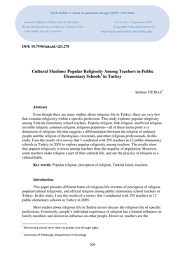 Cultural Muslims: Popular Religiosity Among Teachers in Public Elementary Schools 1 in Turkey