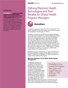 Defining Electronic Health Technologies and Their Benefits for Global Health Program Managers Hackathons