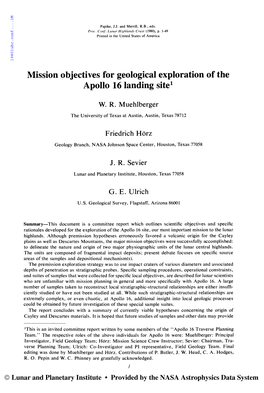 Mission Objectives for Geological Exploration of the Apollo 16 Landing