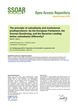 The Principle of Subsidiarity and Institutional Predispositions: Do the European Parliament, the German Bundestag, and the Bavarian Landtag Define Subsidiarity Differently?