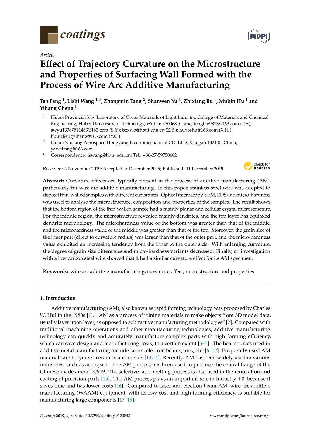 Effect of Trajectory Curvature on the Microstructure and Properties of Surfacing Wall Formed with the Process of Wire Arc Additive Manufacturing