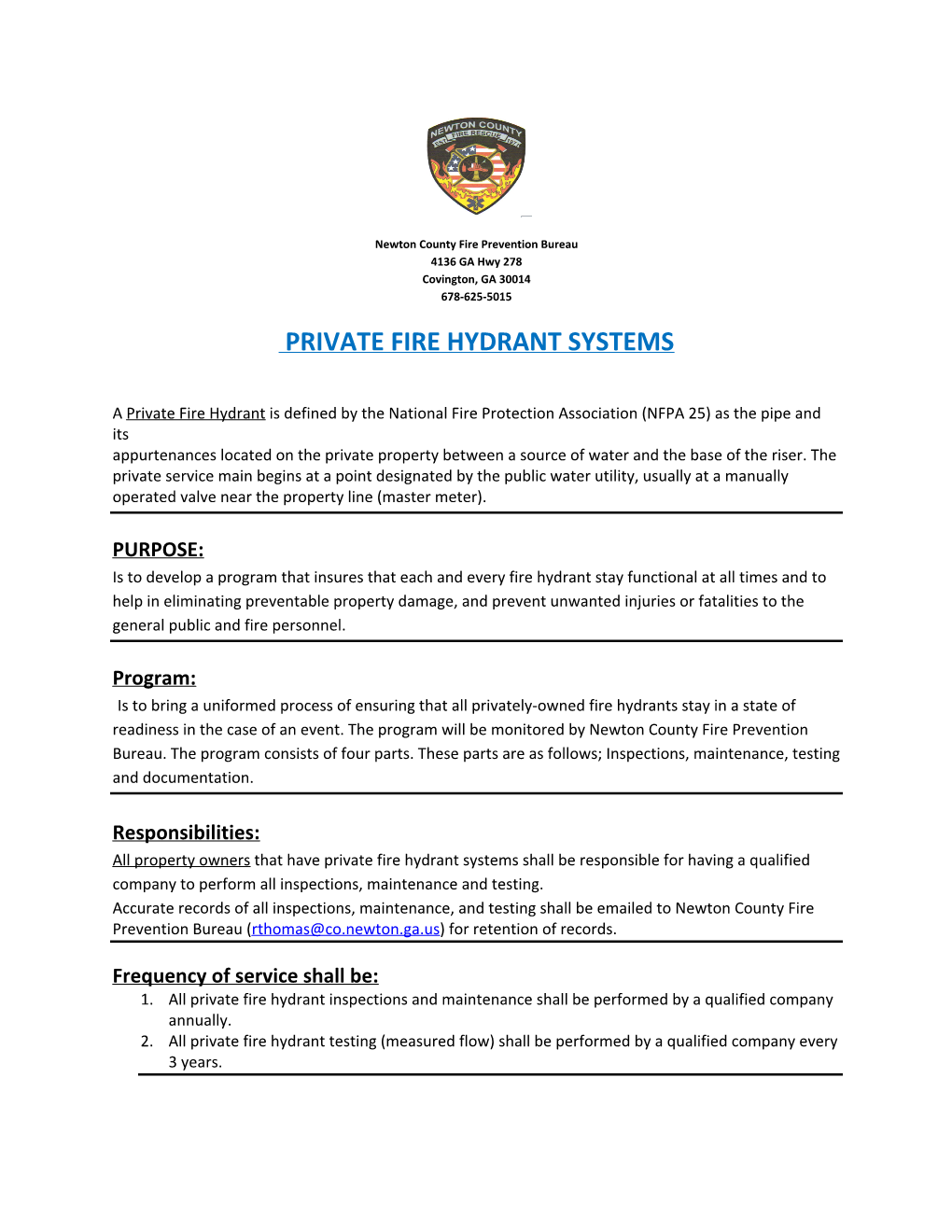 Private Fire Hydrant System Program