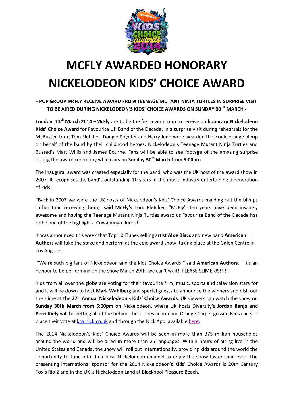 Mcfly Awarded Honorary Nickelodeon Kids' Choice