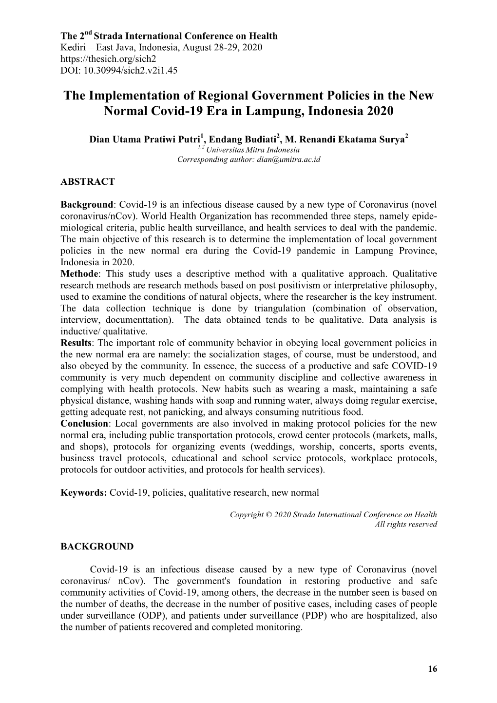 The Implementation of Regional Government Policies in the New Normal Covid-19 Era in Lampung, Indonesia 2020