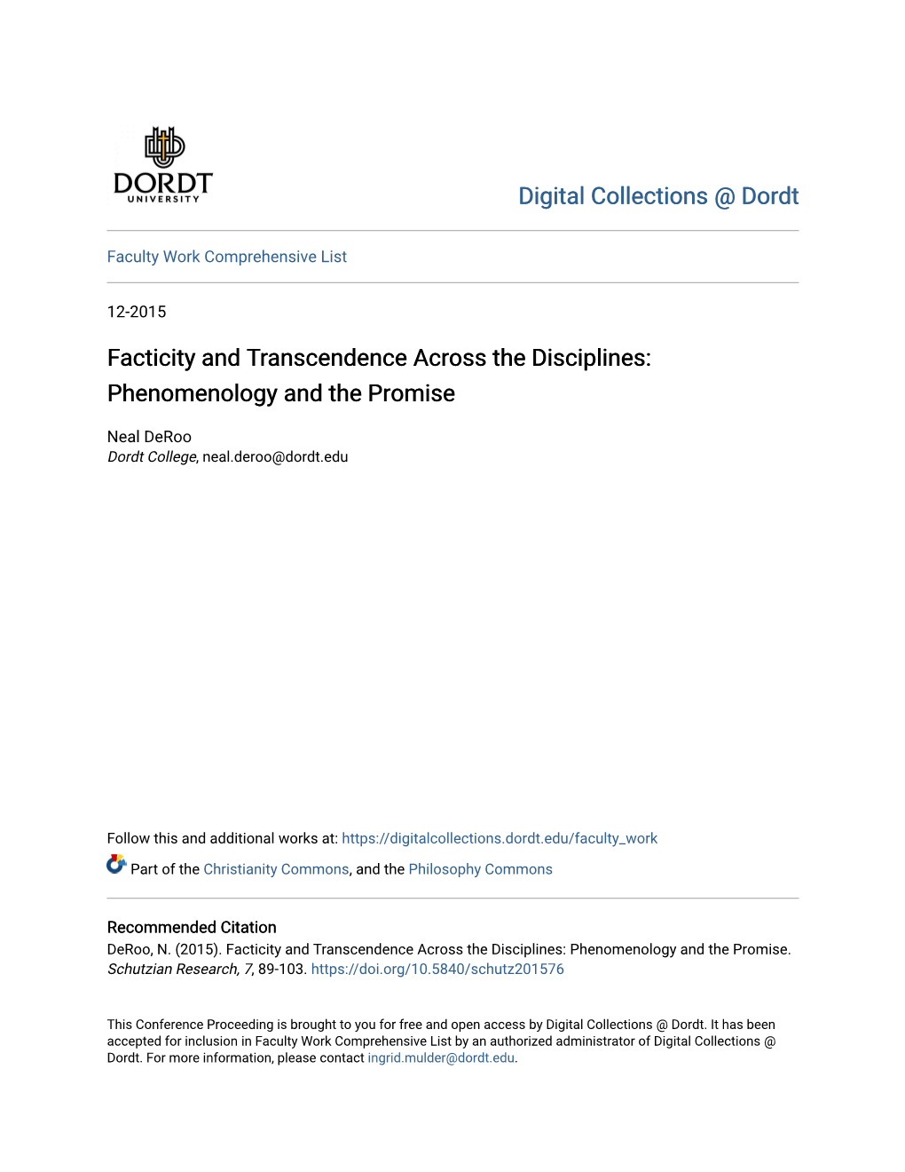 Facticity and Transcendence Across the Disciplines: Phenomenology and the Promise