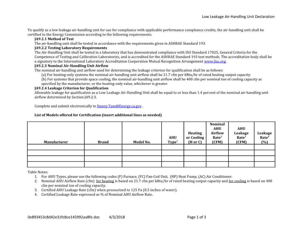 Low Leakage Air-Handling Unit Declaration