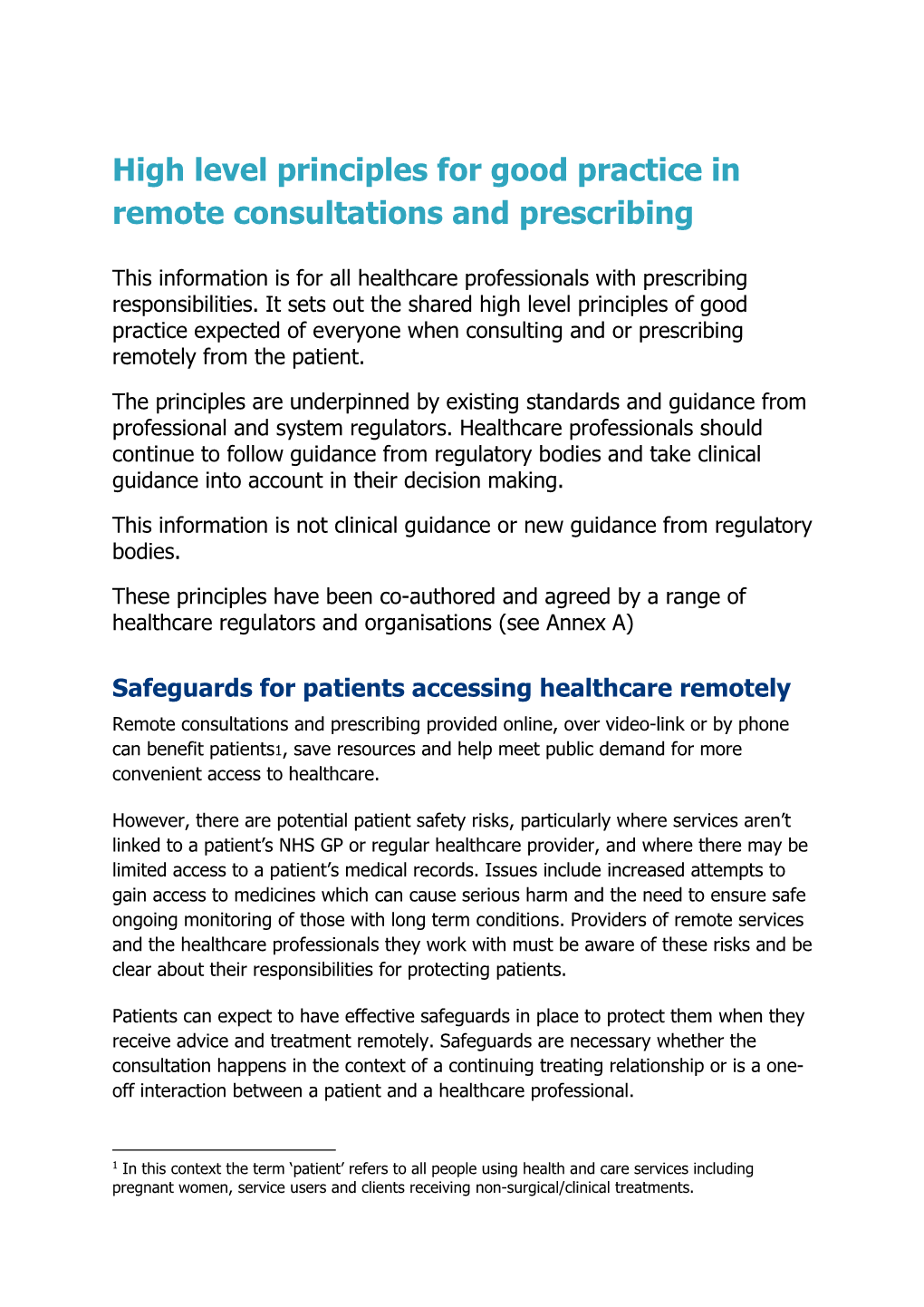 High Level Principles for Good Practice in Remote Consultations and Prescribing