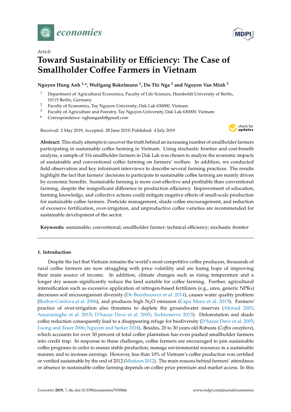 Toward Sustainability Or Efficiency: the Case of Smallholder Coffee Farmers in Vietnam