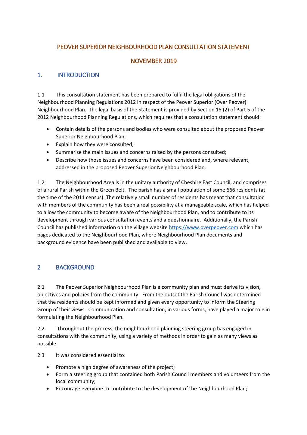 Peover Superior Neighbourhood Plan Consultation Statement November