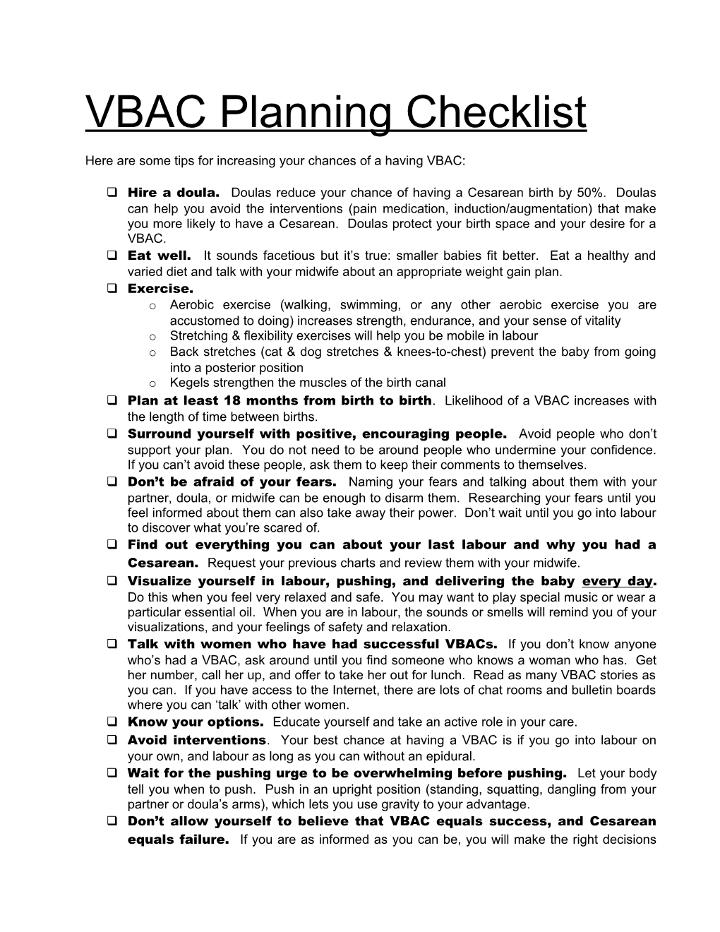 VBAC Success Checklist