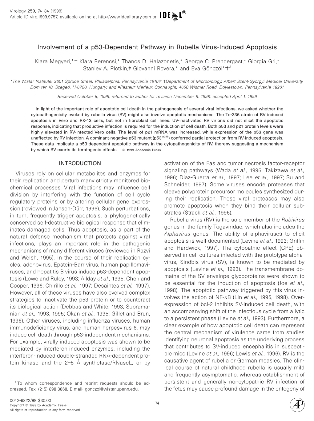 Involvement of a P53-Dependent Pathway in Rubella Virus-Induced Apoptosis