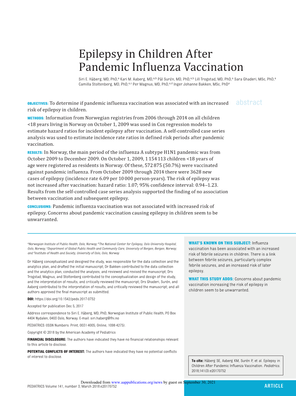 Epilepsy in Children After Pandemic Influenza Vaccination