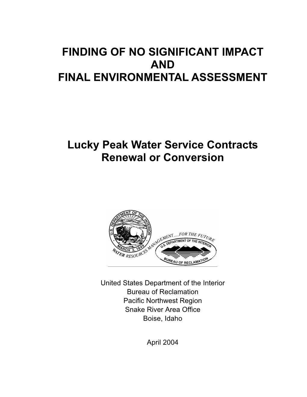 Lucky Peak Water Service Contracts Renewal Or Conversion, FONSI And