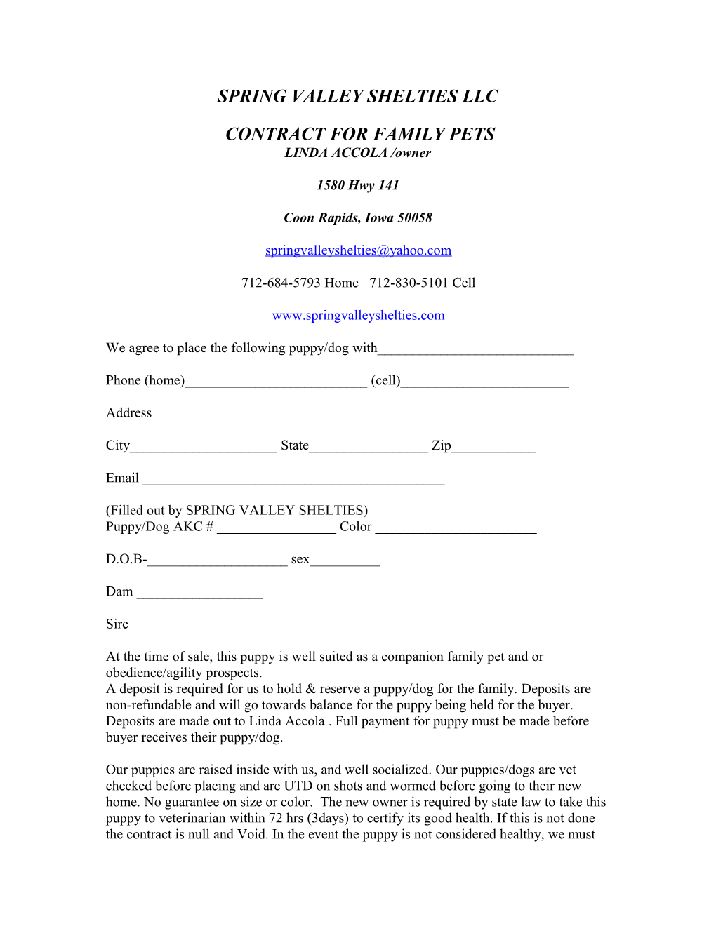 Spring Valley Shelties Contract for Family Pets