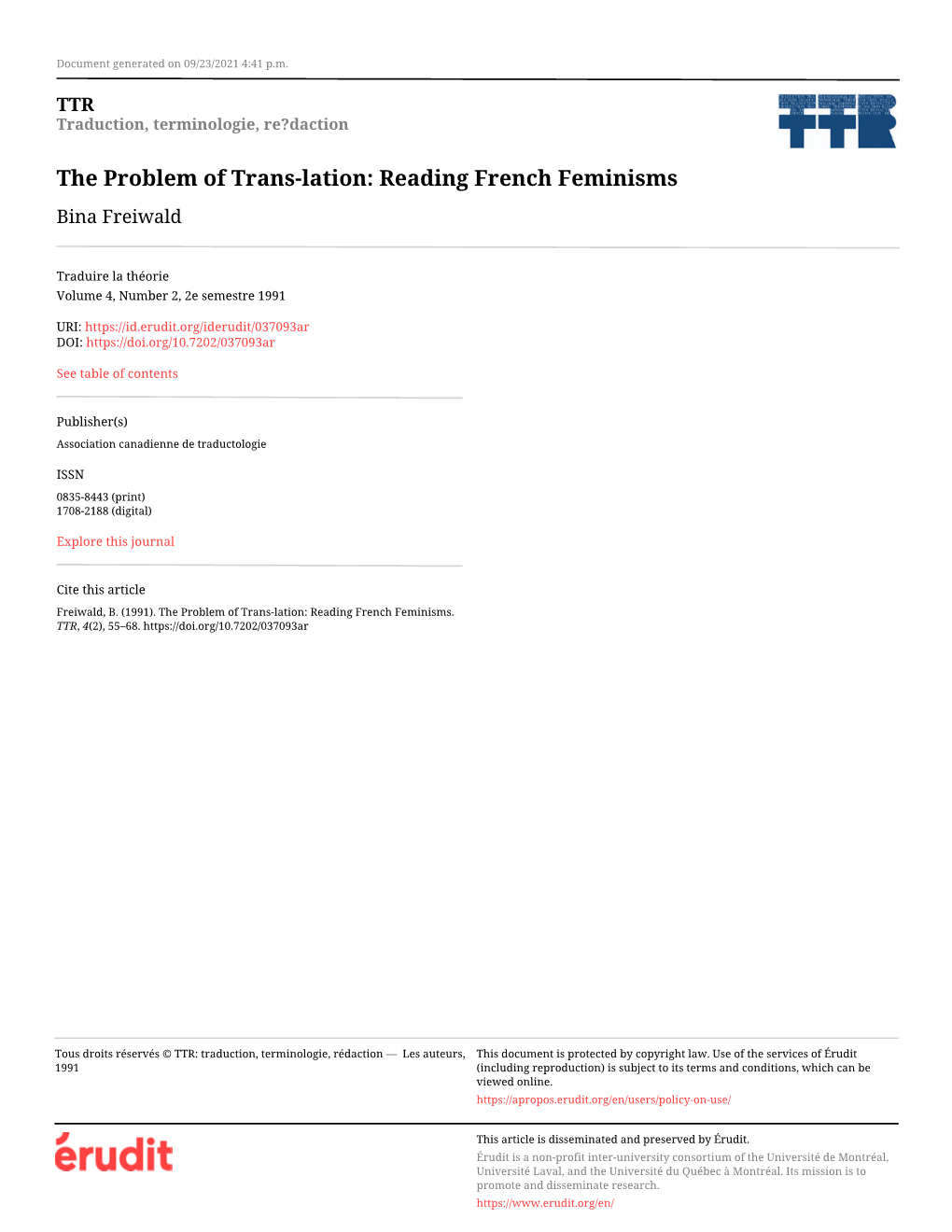 The Problem of Trans-Lation: Reading French Feminisms Bina Freiwald