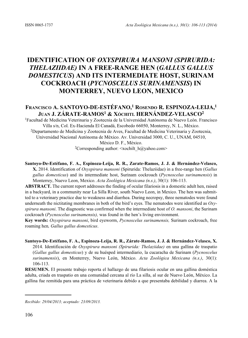 Identification of Oxyspirura Mansoni