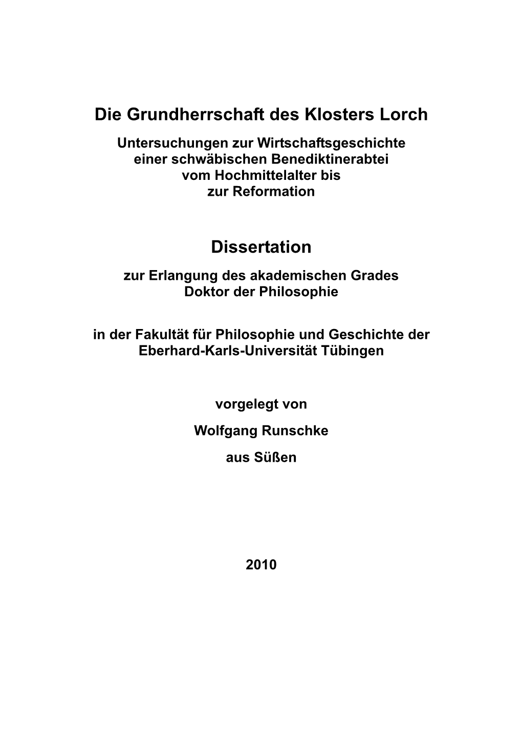 Die Grundherrschaft Des Klosters Lorch Dissertation