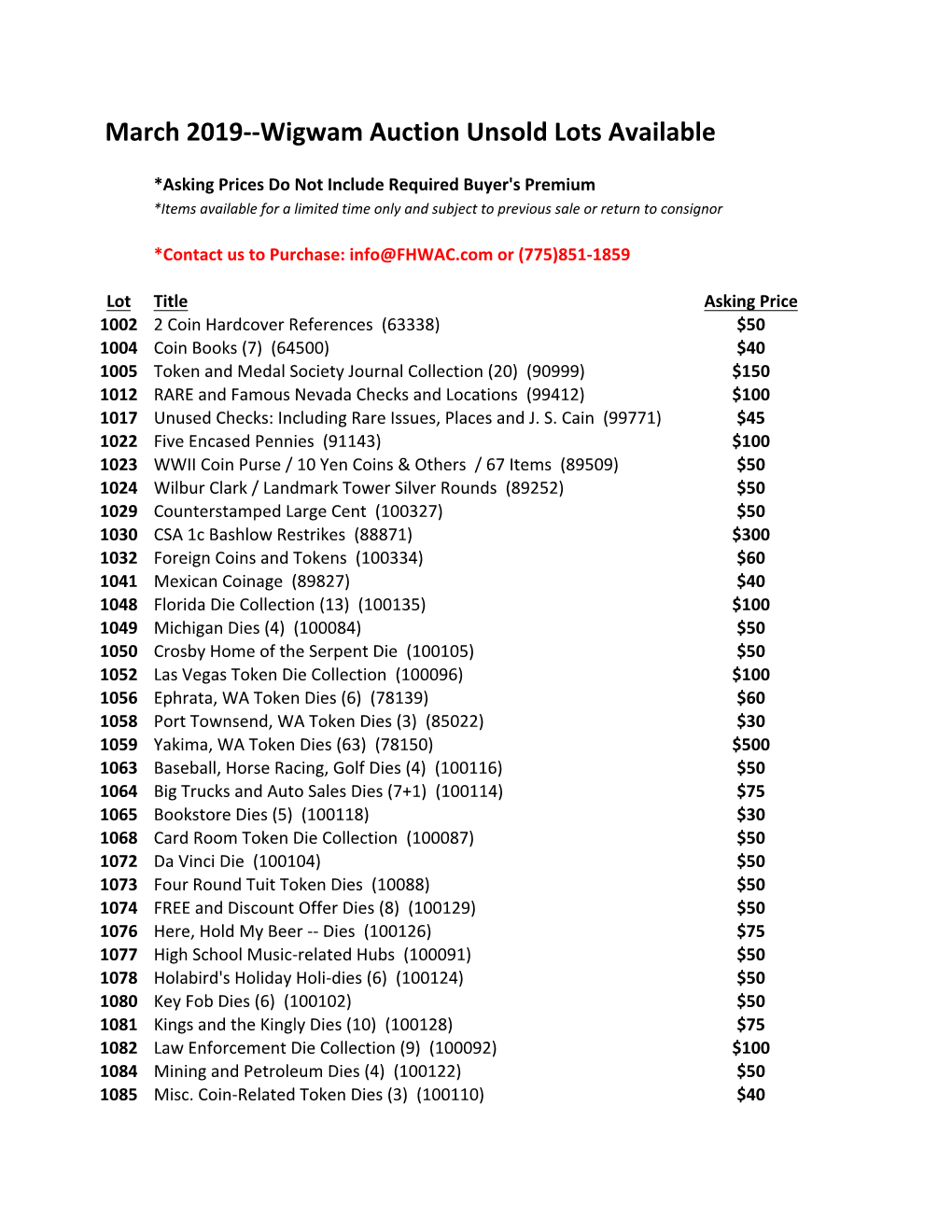 March 2019--Wigwam Auction Unsold Lots Available