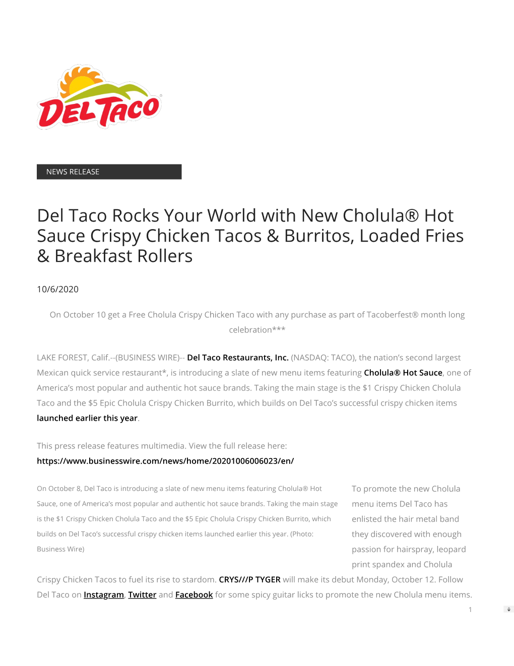 Del Taco Rocks Your World with New Cholula® Hot Sauce Crispy Chicken Tacos & Burritos, Loaded Fries & Breakfast Rollers