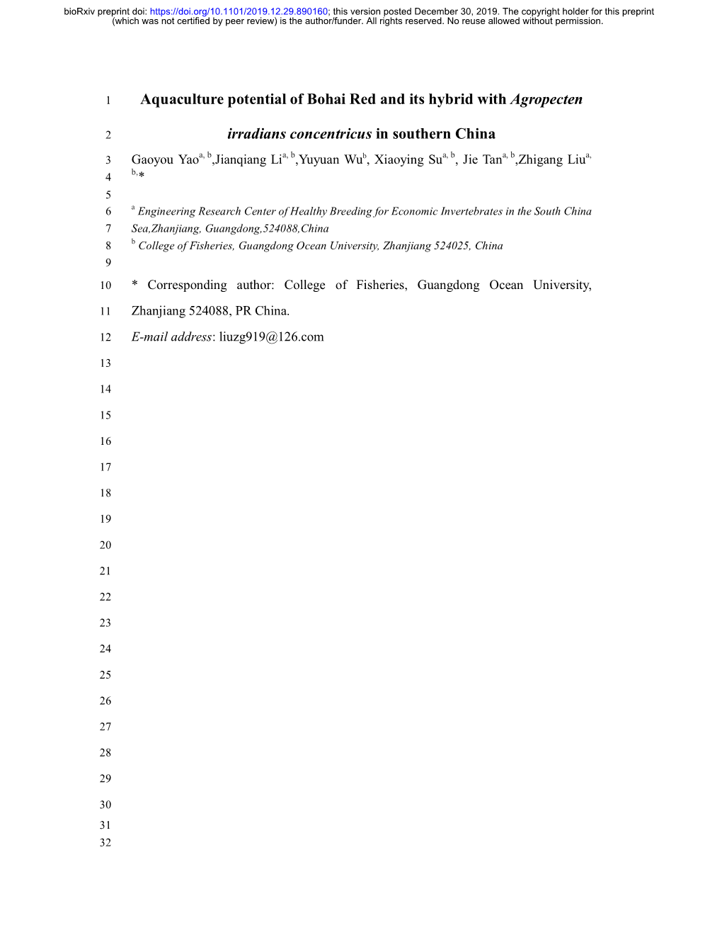 Aquaculture Potential of Bohai Red and Its Hybrid with Agropecten