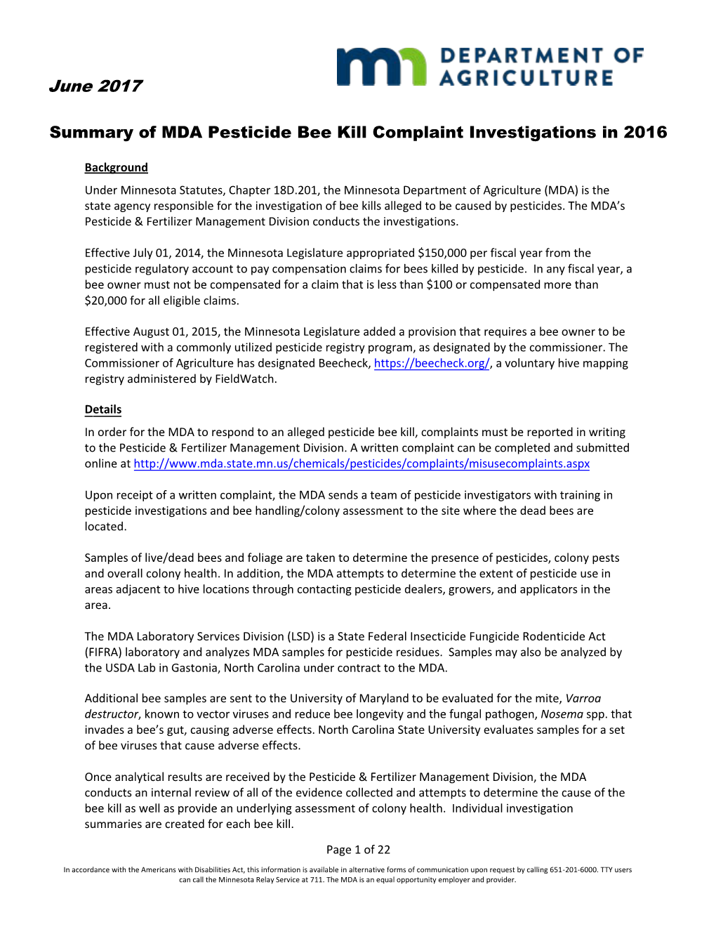 Summary of MDA Pesticide Bee Kill Complaint Investigations in 2016