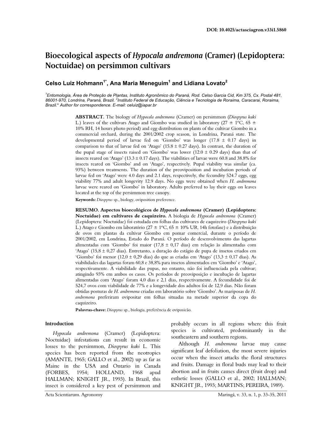 (Cramer) (Lepidoptera: Noctuidae) on Persimmon Cultivars