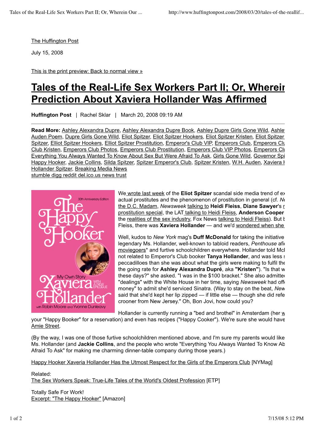 Tales of the Real-Life Sex Workers Part II; Or, Wherein Our Prediction About Xaviera Hollander Was Affirmed