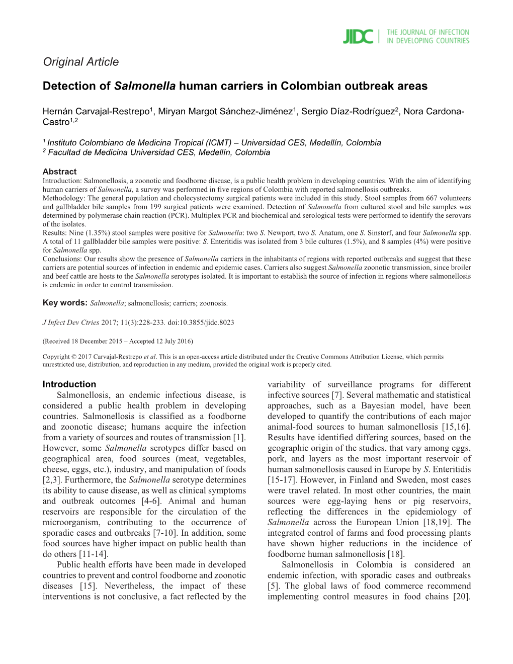 Original Article Detection of Salmonella Human Carriers in Colombian Outbreak Areas