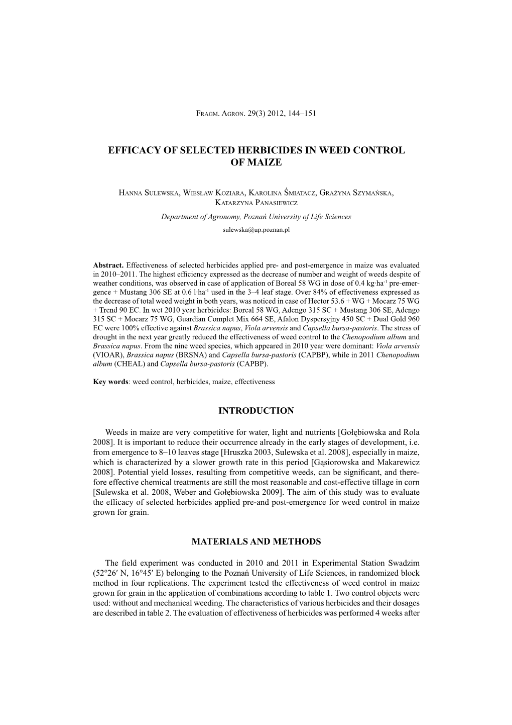 Efficacy of Selected Herbicides in Weed Control of Maize