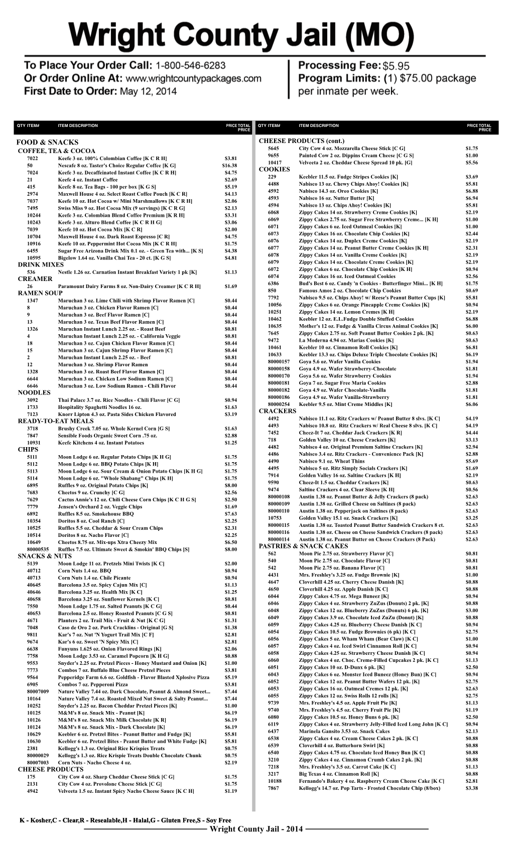 Wright County Jail - 2014 QTY ITEM# ITEM DESCRIPTION PRICE TOTAL QTY ITEM# ITEM DESCRIPTION PRICE TOTAL PRICE PRICE