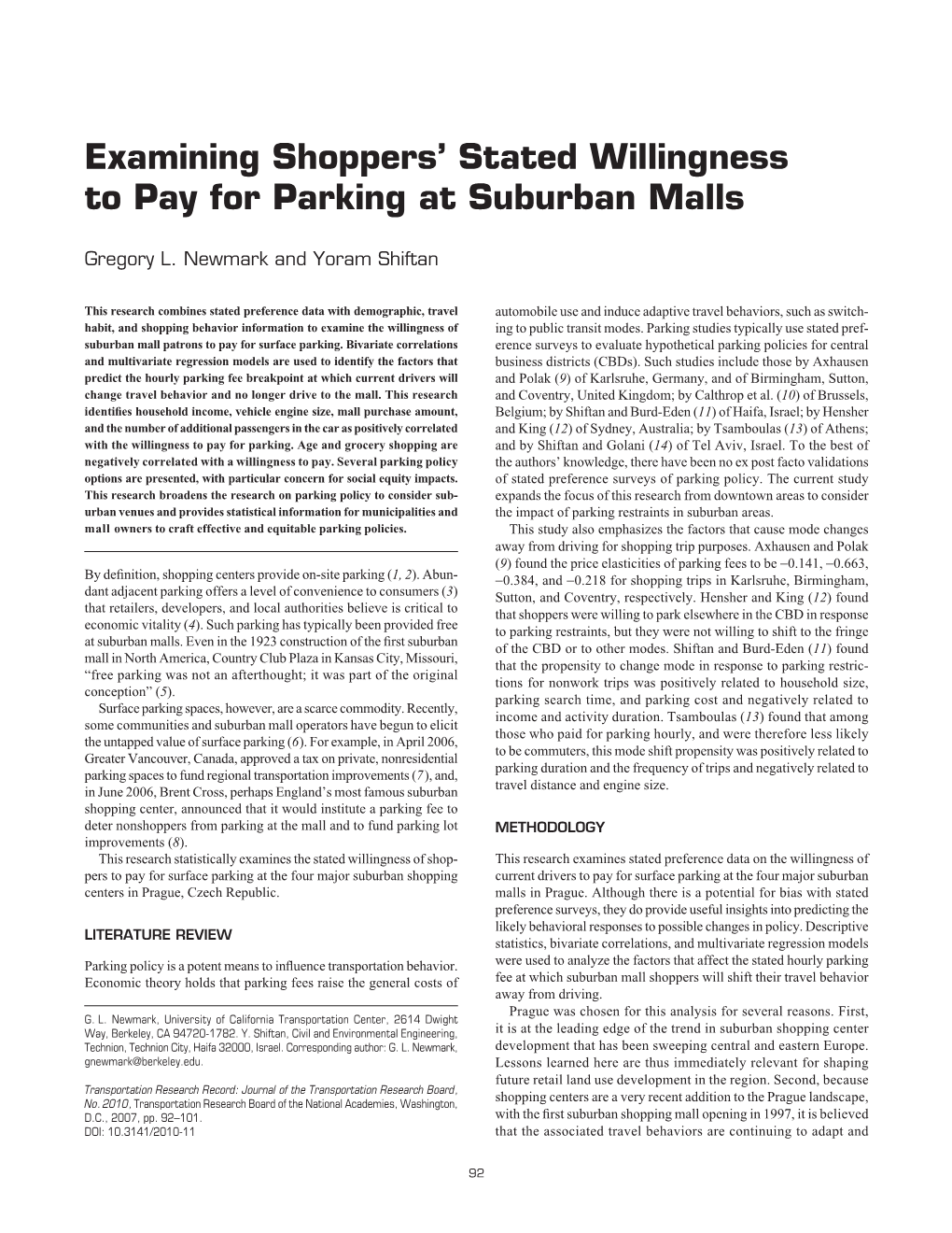 Examining Shoppers' Stated Willingness to Pay for Parking At