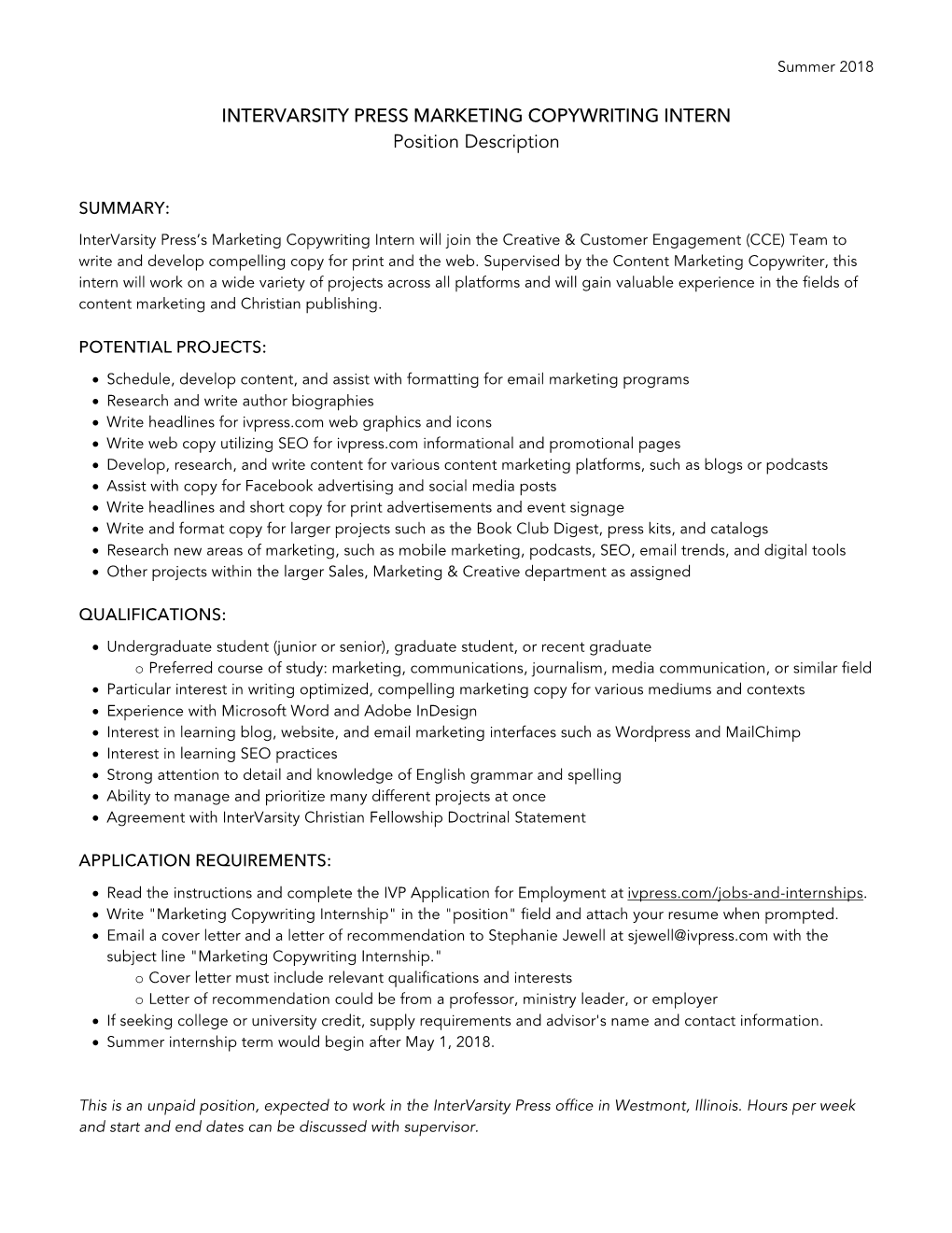 INTERVARSITY PRESS MARKETING COPYWRITING INTERN Position Description