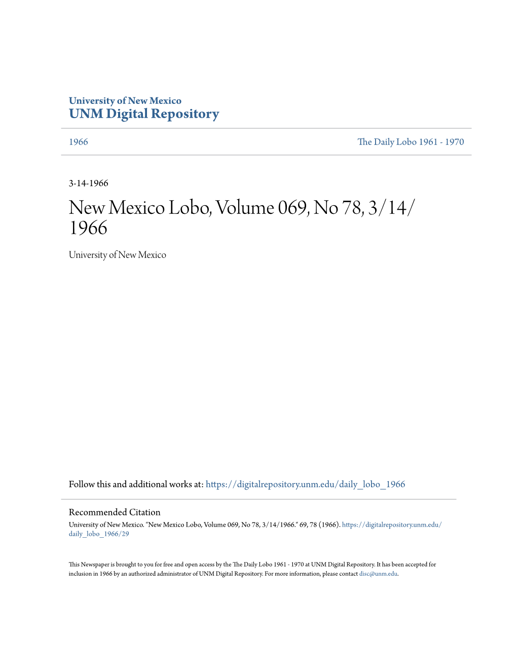 New Mexico Lobo, Volume 069, No 78, 3/14/1966.