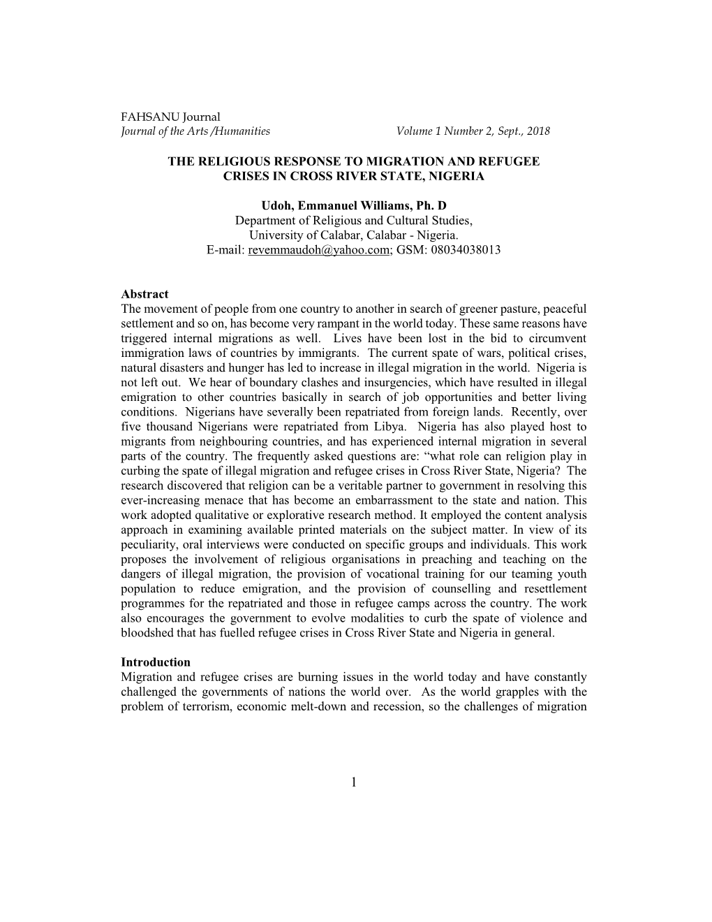 THE RELIGIOUS RESPONSE to MIGRATION and REFUGEE CRISES in CROSS RIVER STATE, NIGERIA Udoh, Emmanuel Williams, Ph. D Department