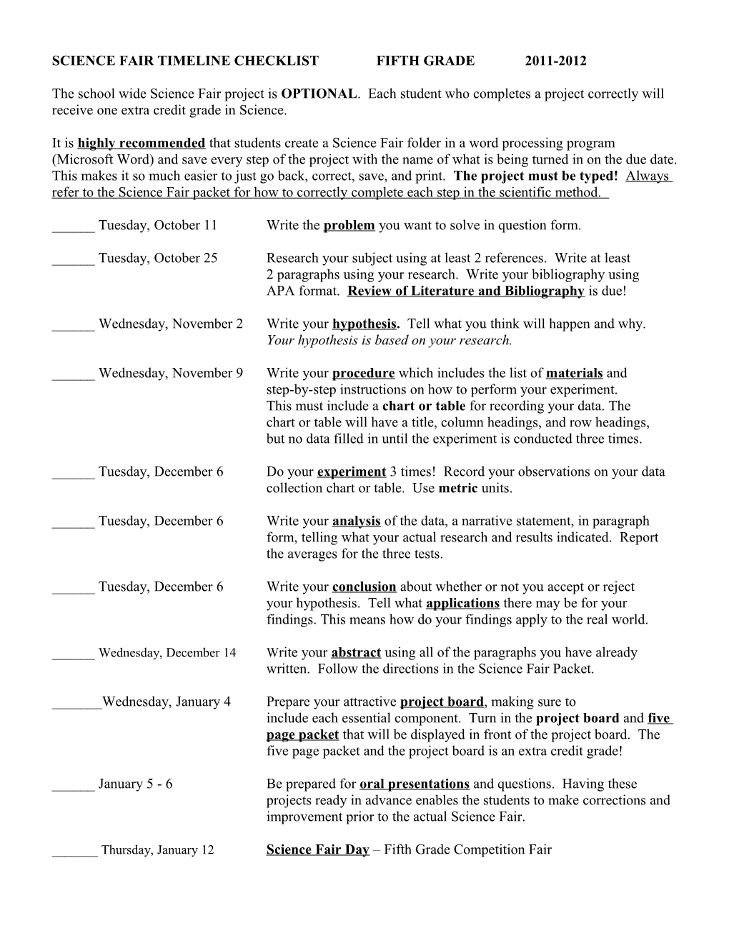 Science Fair Timeline Checklist