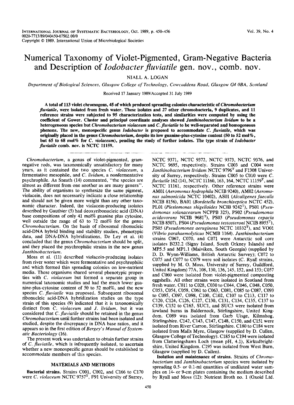 Numerical Taxonomy of Violet-Pigmented, Gram-Negative Bacteria and Description of Iodobacter Fluviatile Gen