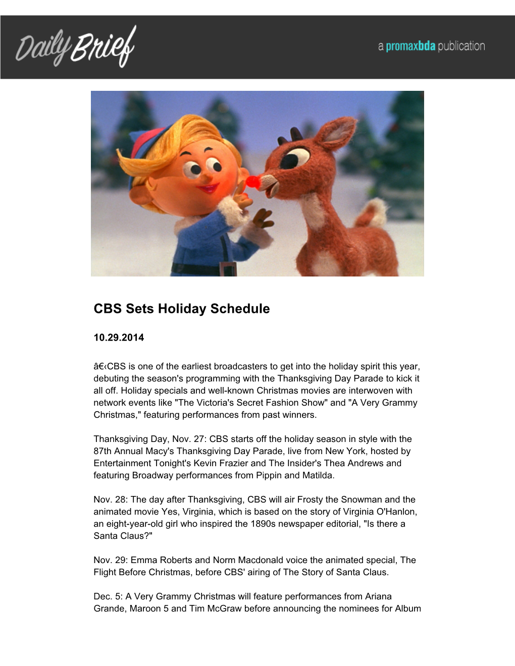 CBS Sets Holiday Schedule