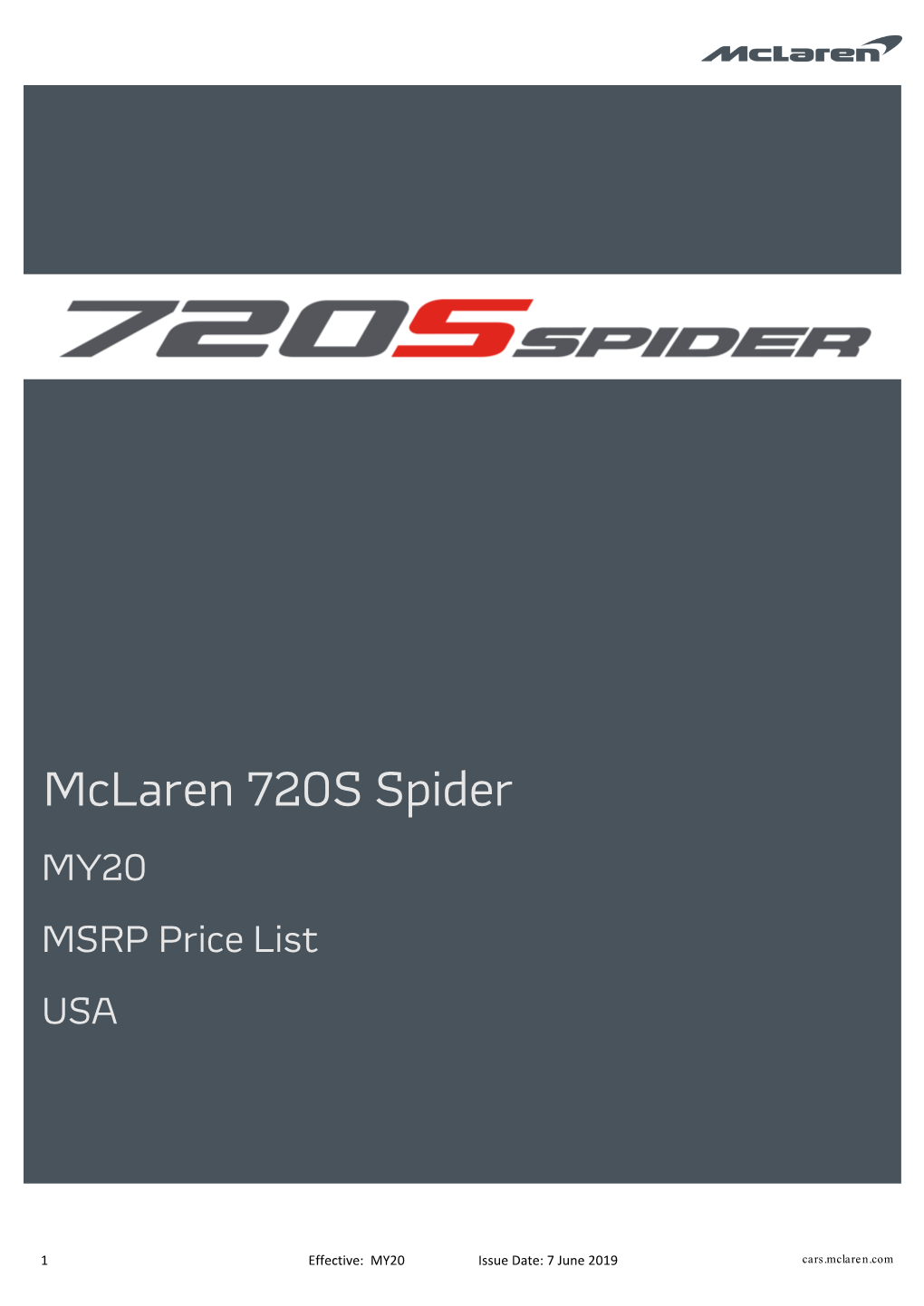 Mclaren 720S Spider MY20 MSRP Price List USA