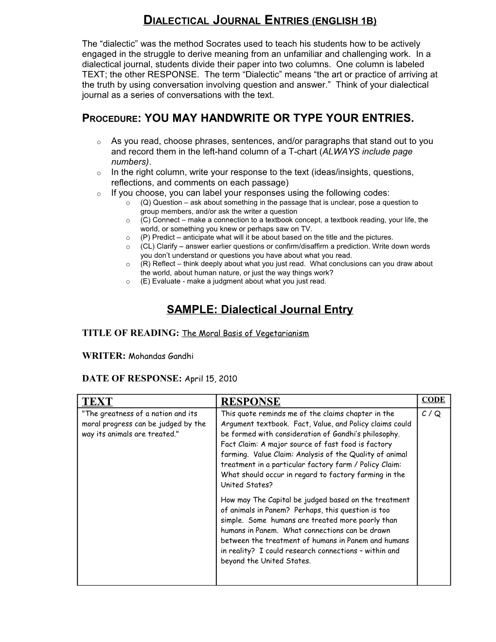 Dialectical Journal ENTRIES (ENGLISH 1B)