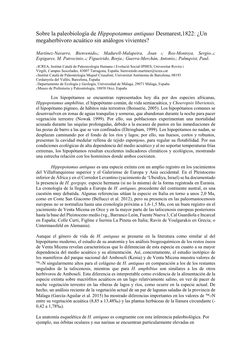 Sobre La Paleobiología De Hippopotamus Antiquus Desmarest,1822: ¿Un Megaherbívoro Acuático Sin Análogos Vivientes?